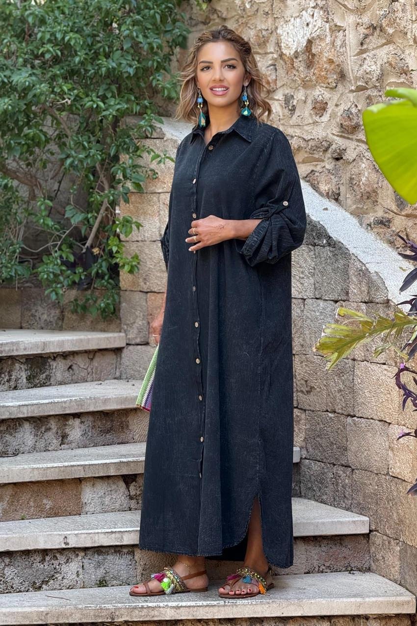 Antrasit Parça Boya Gömlek Elbise