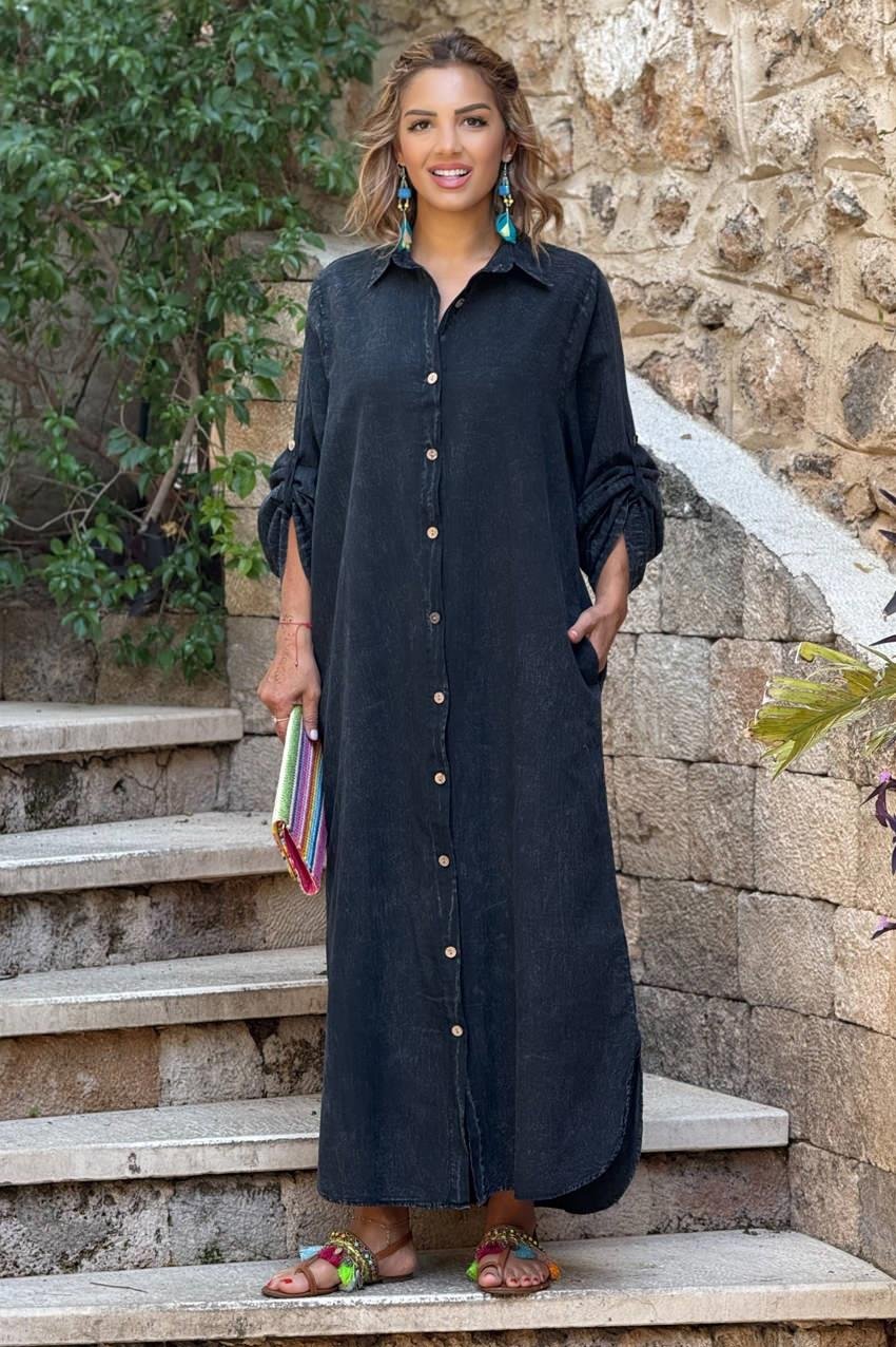 Antrasit Parça Boya Gömlek Elbise