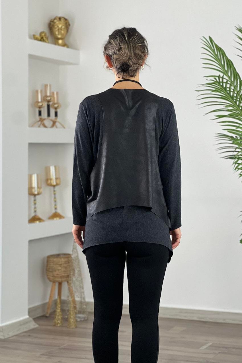 Antrasit Renk Kolye Hediyeli Tişört ve Deri Yelek Takım