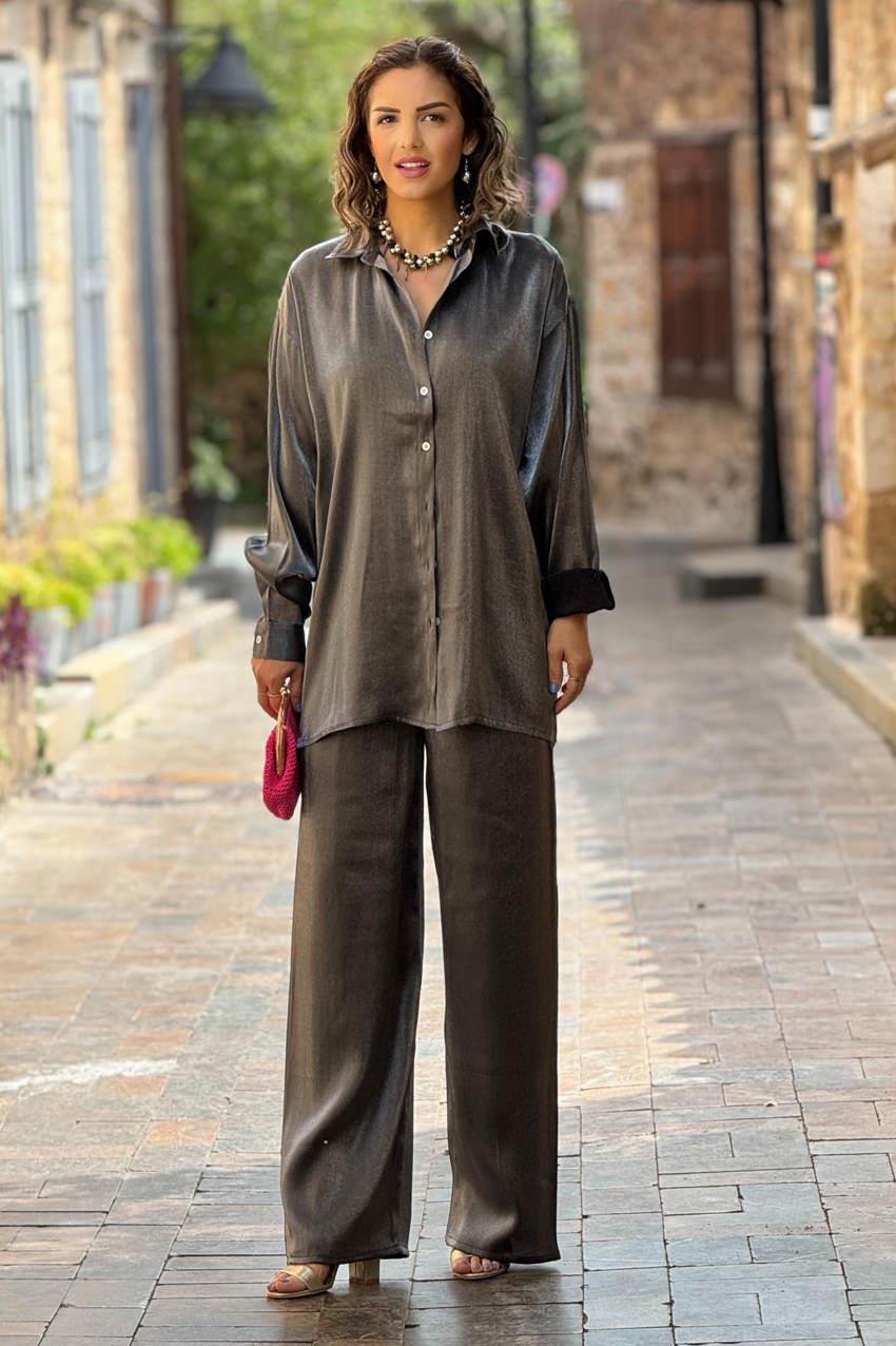 Antrasit Renk Mono Viskon Pantolon Tunik İkili Takım