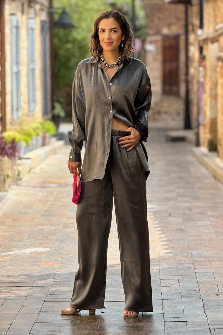 Antrasit Renk Mono Viskon Pantolon Tunik İkili Takım