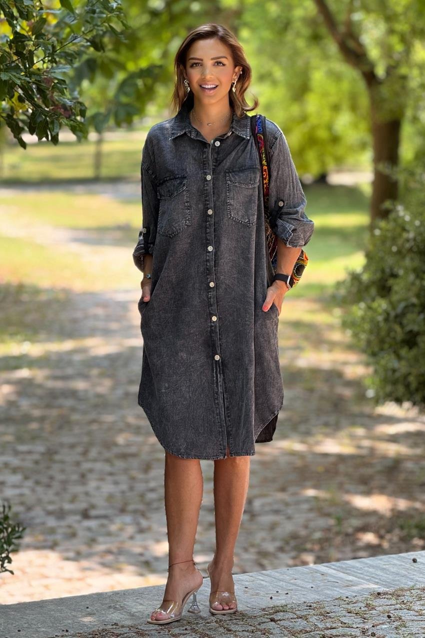 Antrasit Renk Yazlık Tiril Tiril İnce Kot Elbise