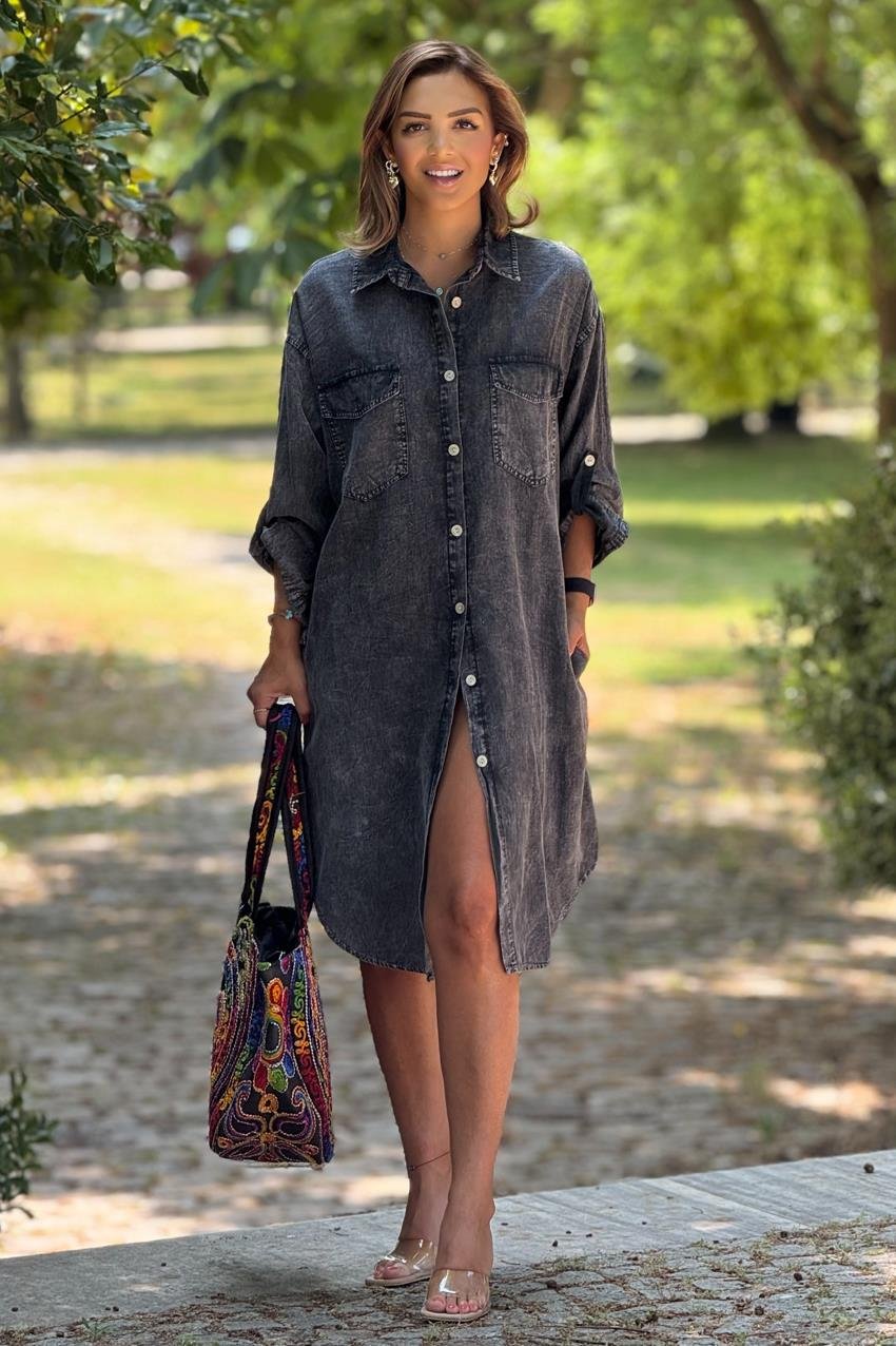 Antrasit Renk Yazlık Tiril Tiril İnce Kot Elbise