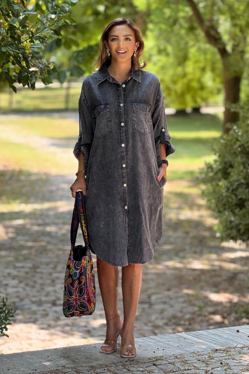 Antrasit Renk Yazlık Tiril Tiril İnce Kot Elbise