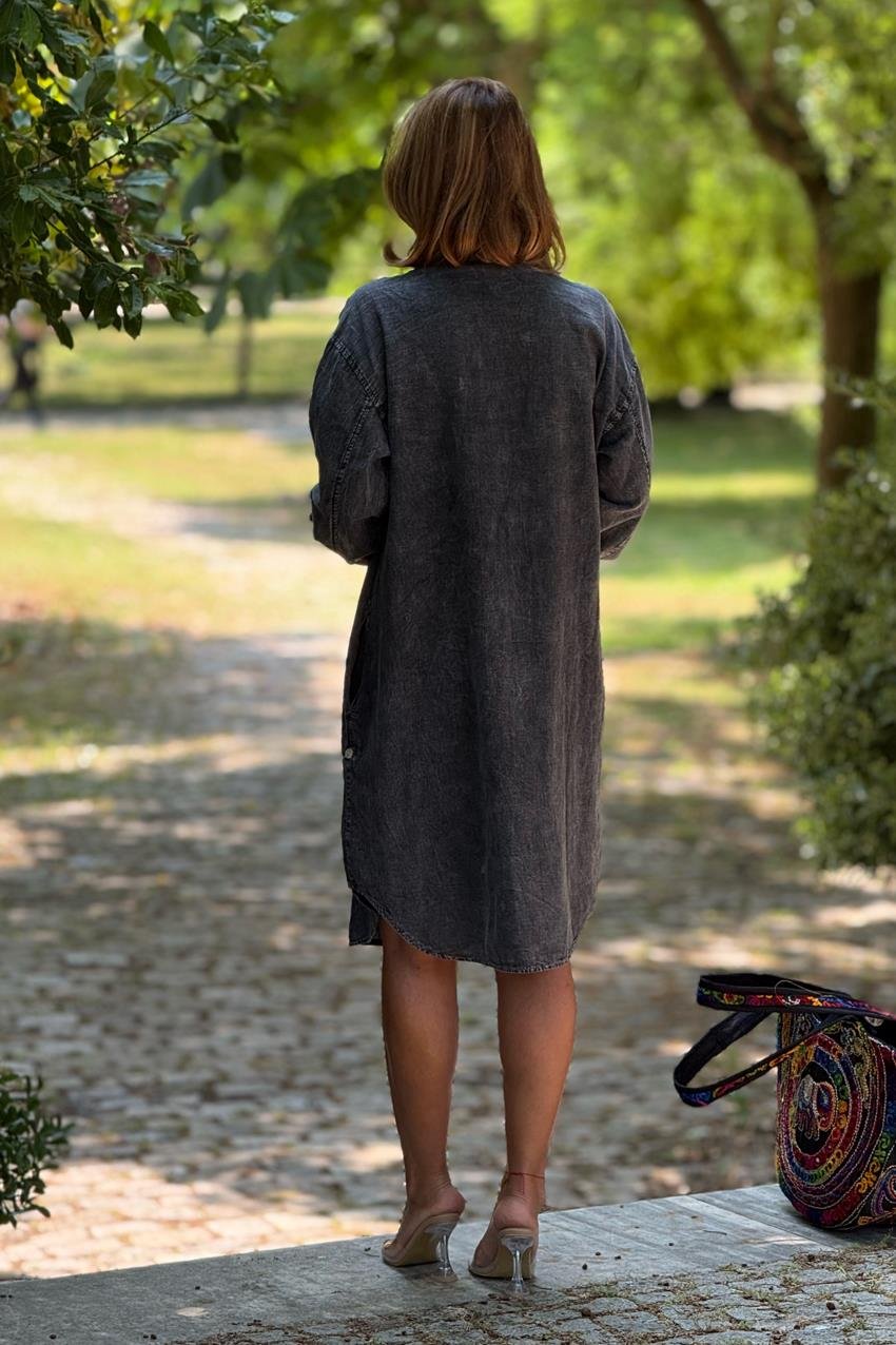 Antrasit Renk Yazlık Tiril Tiril İnce Kot Elbise