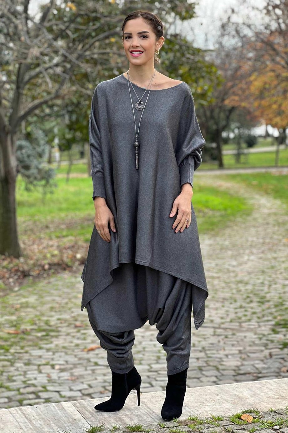 Antrasit Ürgüp Triko Şalvar Bluz Takım