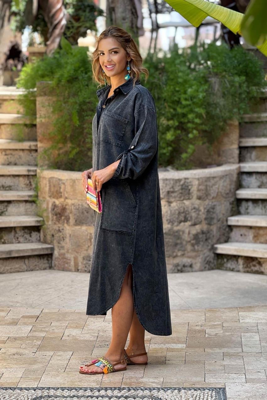 Antrasit Yarım Parça Boya %100 Saf Pamuk Elbise