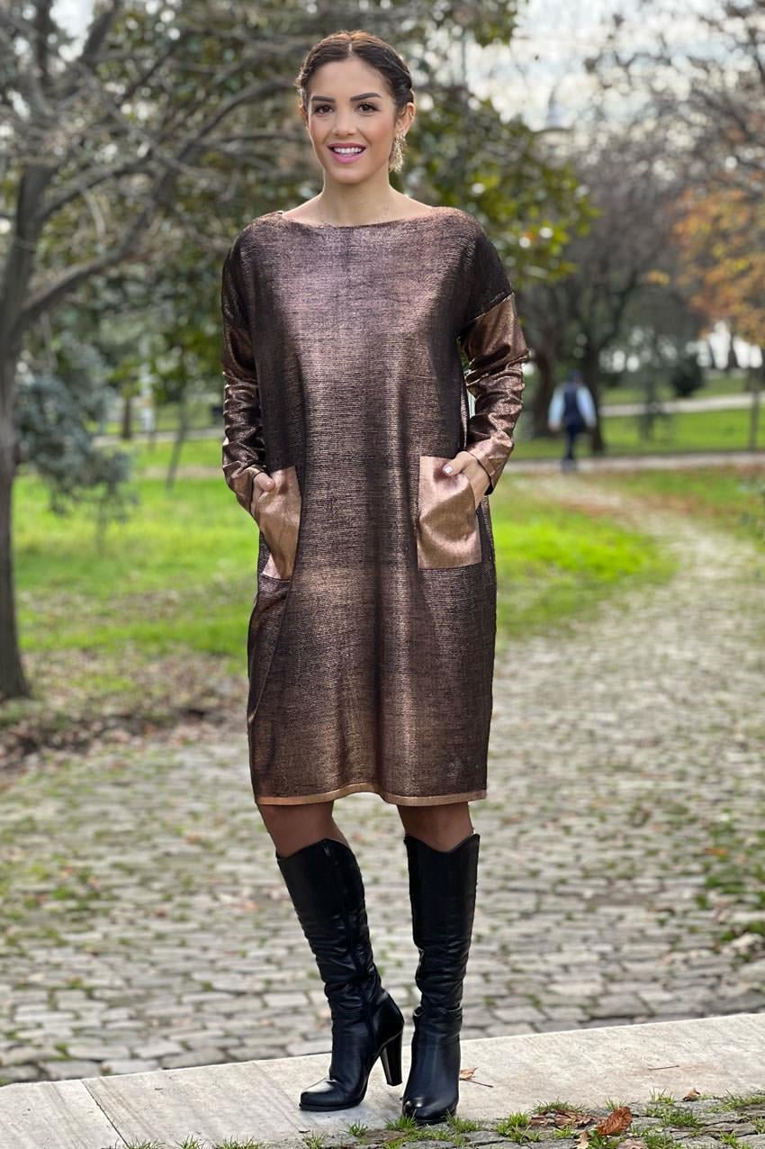 Bakır Renk Simli Triko Eilbise
