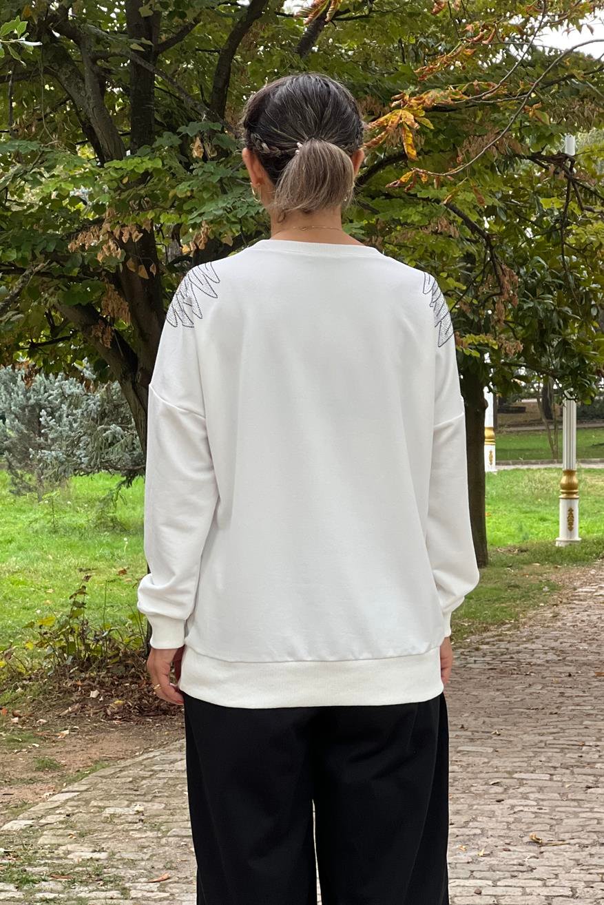 Beyaz Angel Taşlı Sweatshirt