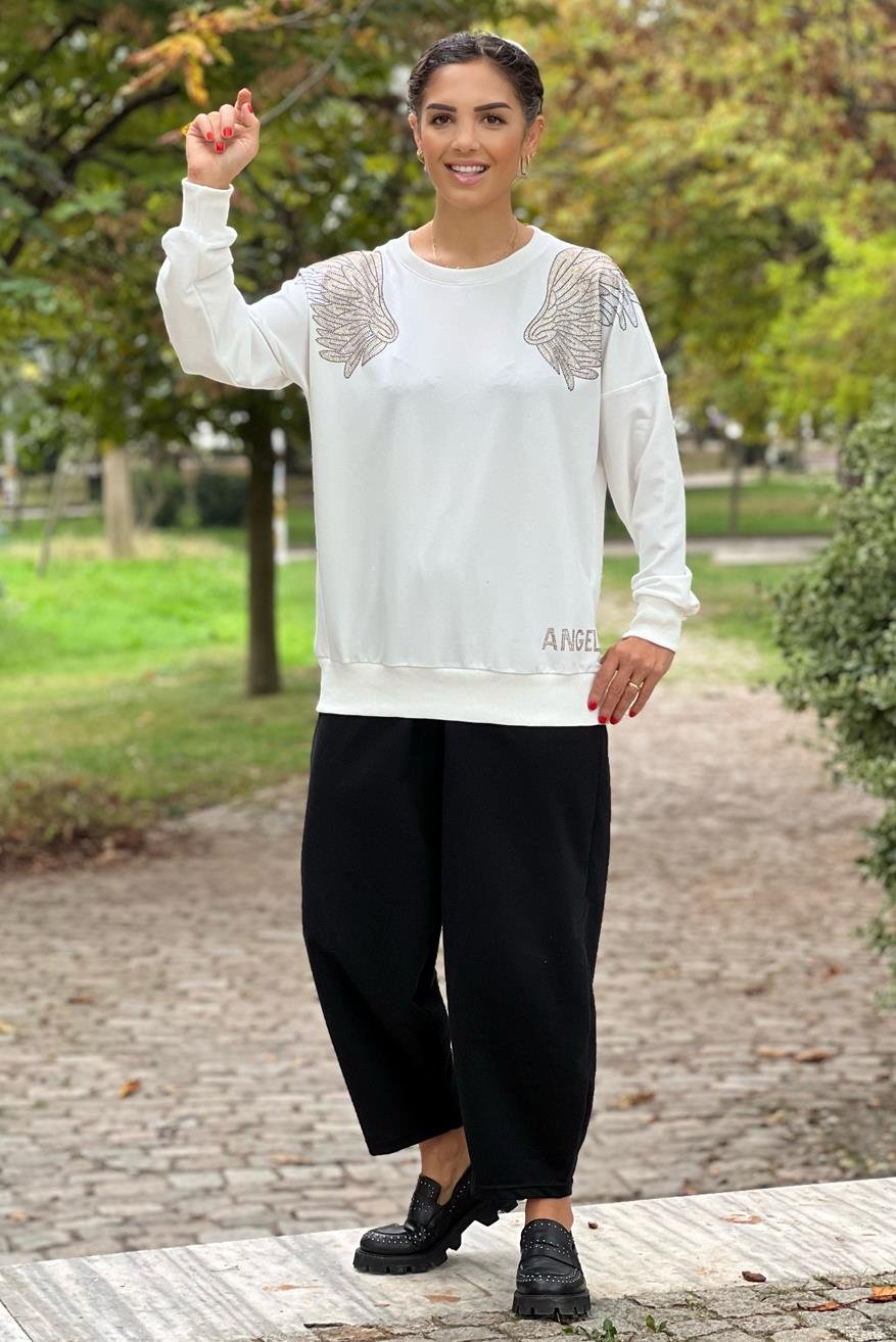 Beyaz Angel Taşlı Sweatshirt
