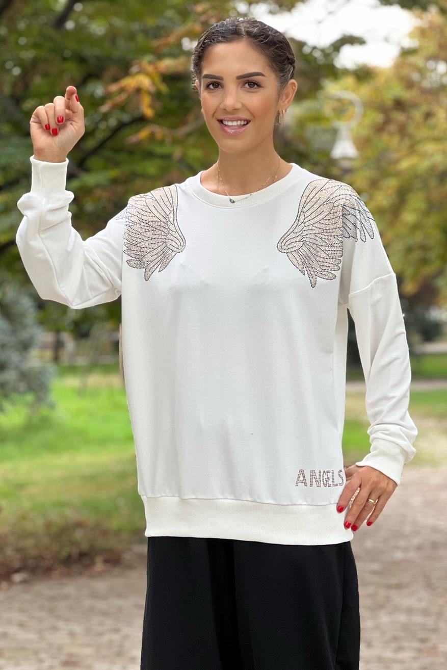 Beyaz Angel Taşlı Sweatshirt