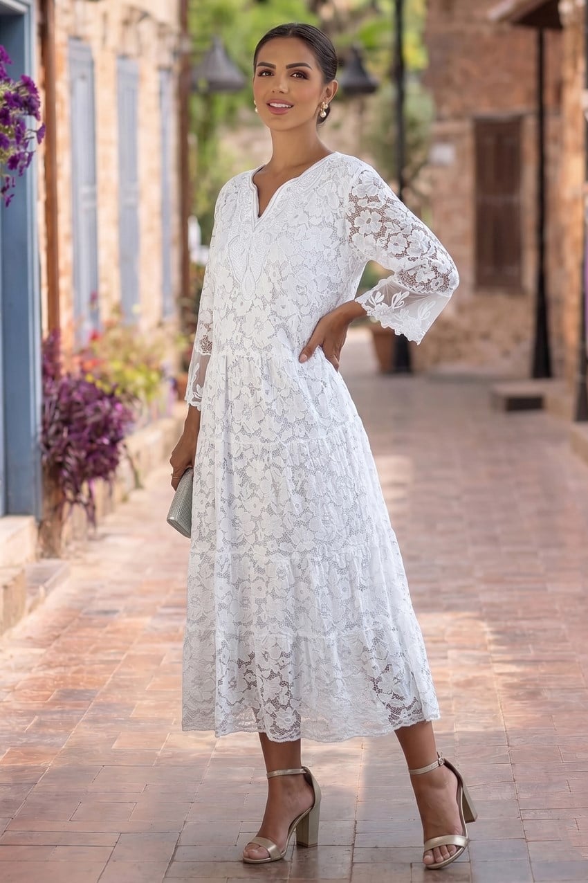 Beyaz Bella İtalyan Dantelli Elbise