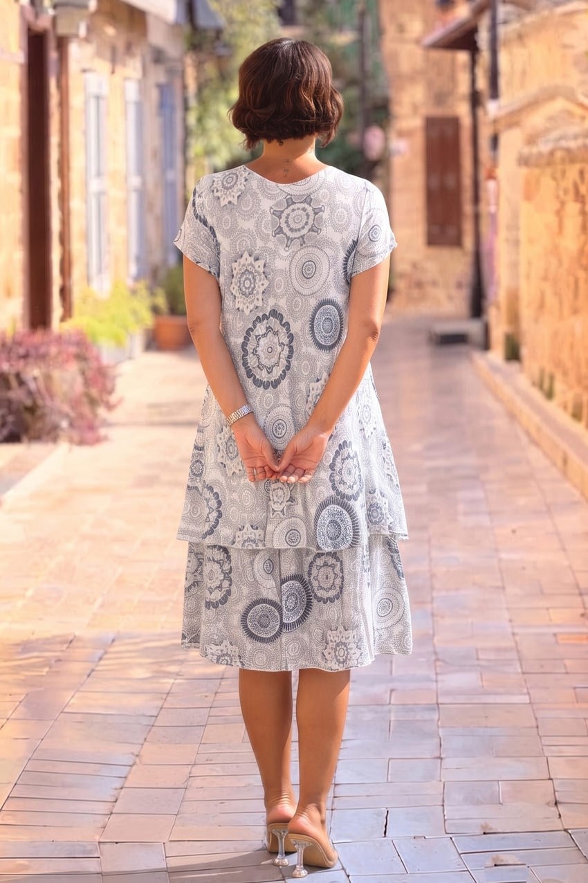 Beyaz İtalyan Mandala Desenli %100 Pamuk Elbise