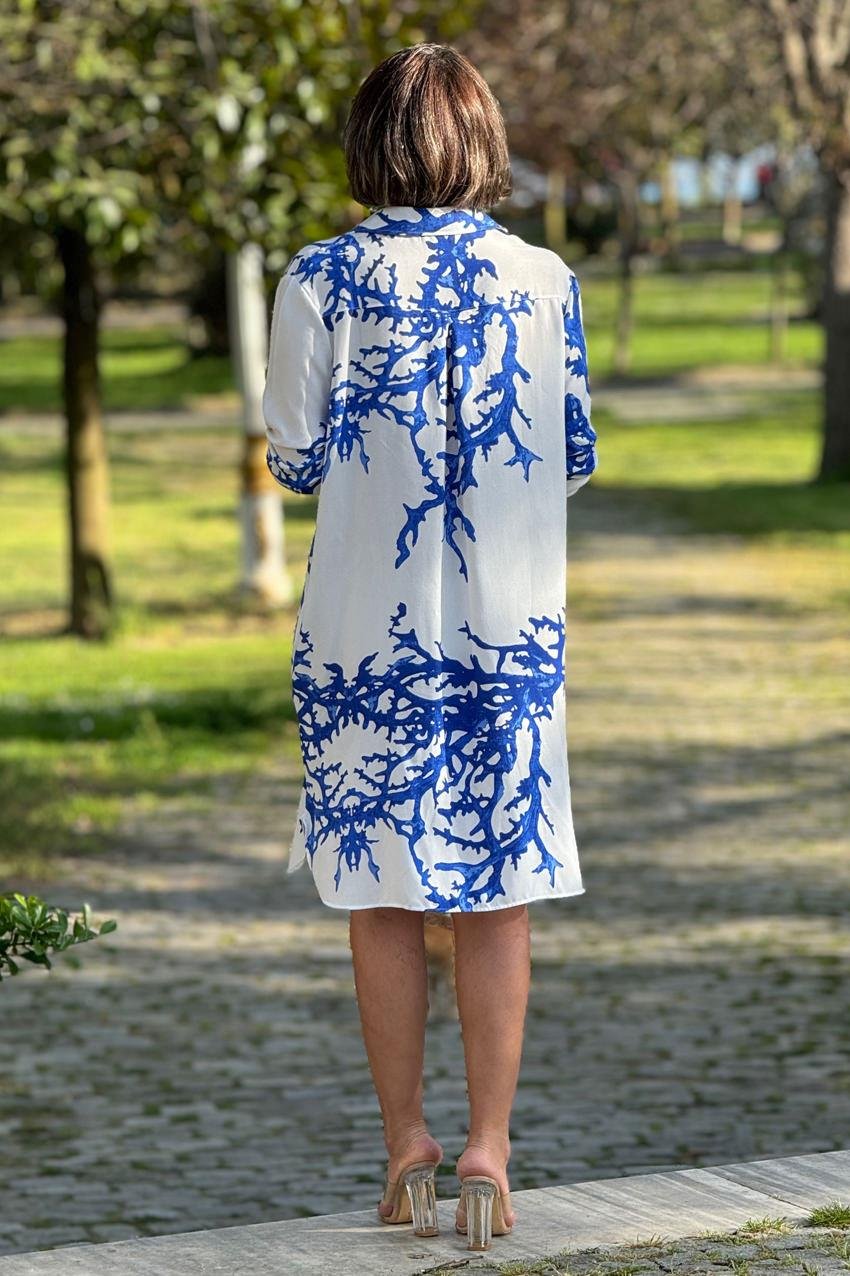 Beyaz OKYANUS Desenli Midi Boy %100 Pamuk Gömlek Elbise