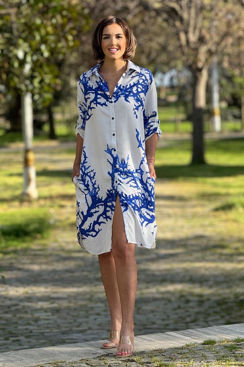 Beyaz OKYANUS Desenli Midi Boy %100 Pamuk Gömlek Elbise