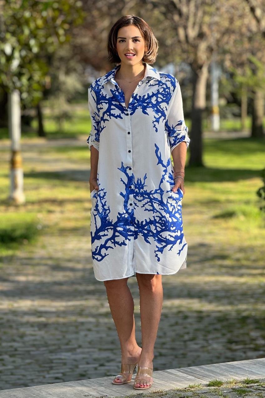 Beyaz OKYANUS Desenli Midi Boy %100 Pamuk Gömlek Elbise