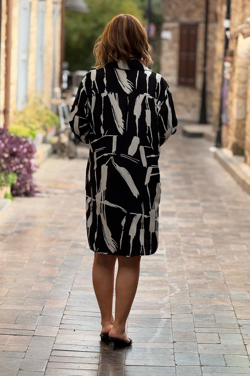 Beyaz Siyah %100 Pamuk Midi Boy Gömlek Elbise