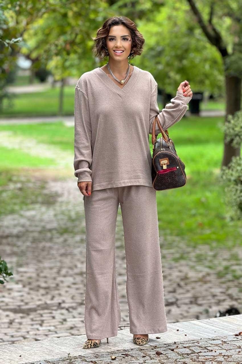 Bisküvi Renk Yumuşacık Pamuklu Pantolon Bluz Takım