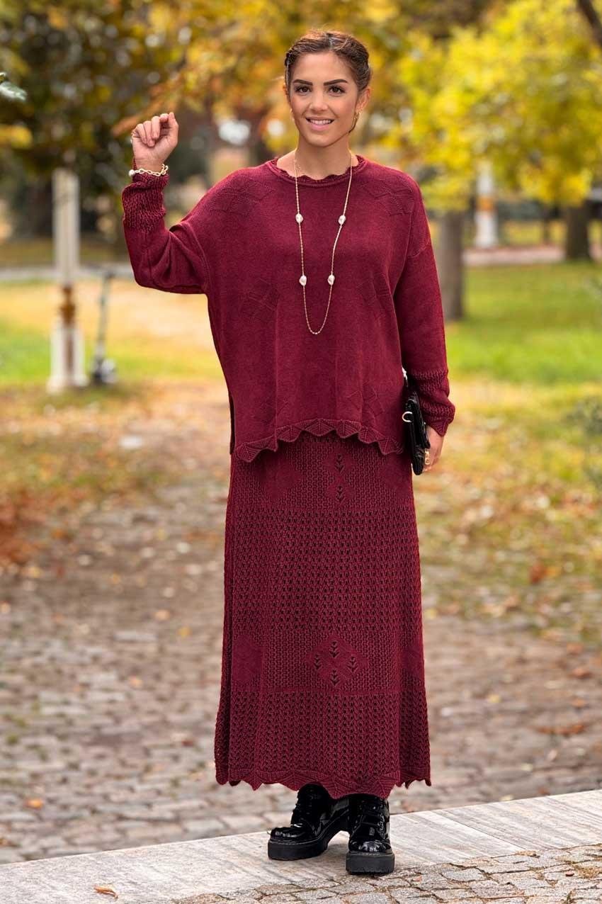 Bordo Ajurlu Etek Bluz İkili Takım - %100 Saf Pamuk