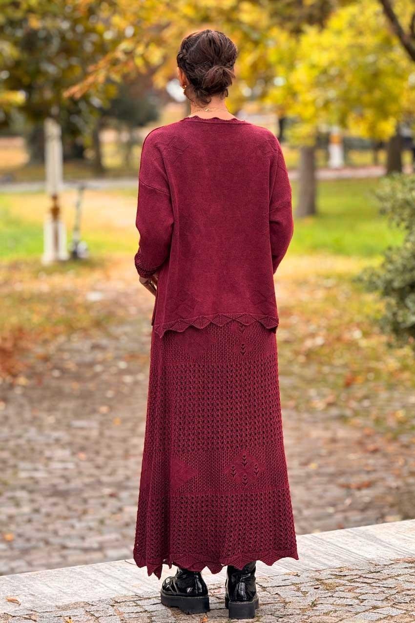Bordo Ajurlu Etek Bluz İkili Takım - %100 Saf Pamuk