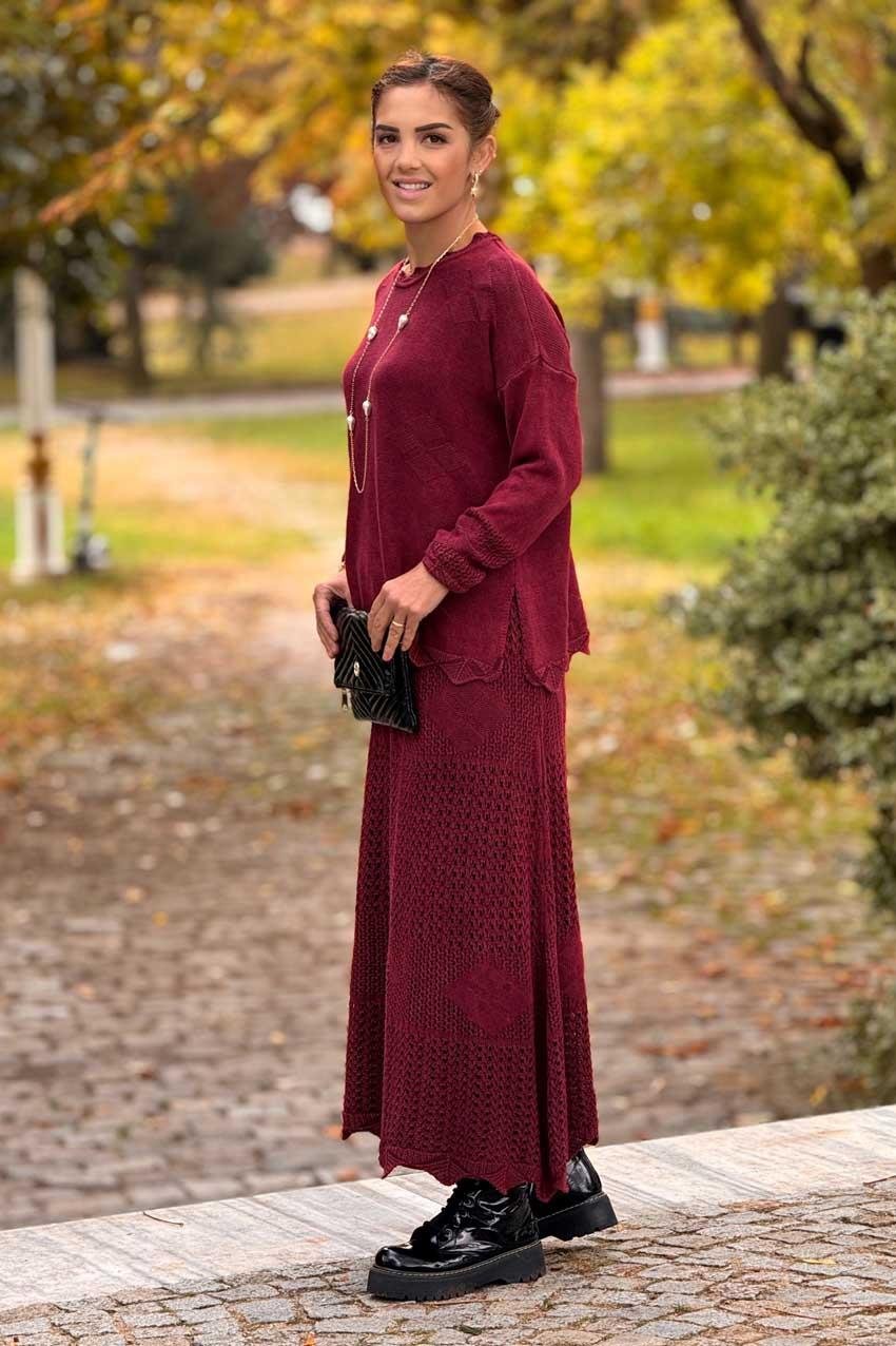 Bordo Ajurlu Etek Bluz İkili Takım - %100 Saf Pamuk
