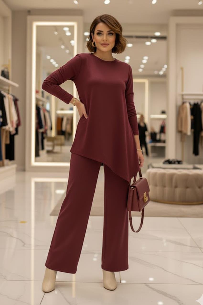 Bordo Asimetrik Kesim Modal Kumaş Takım