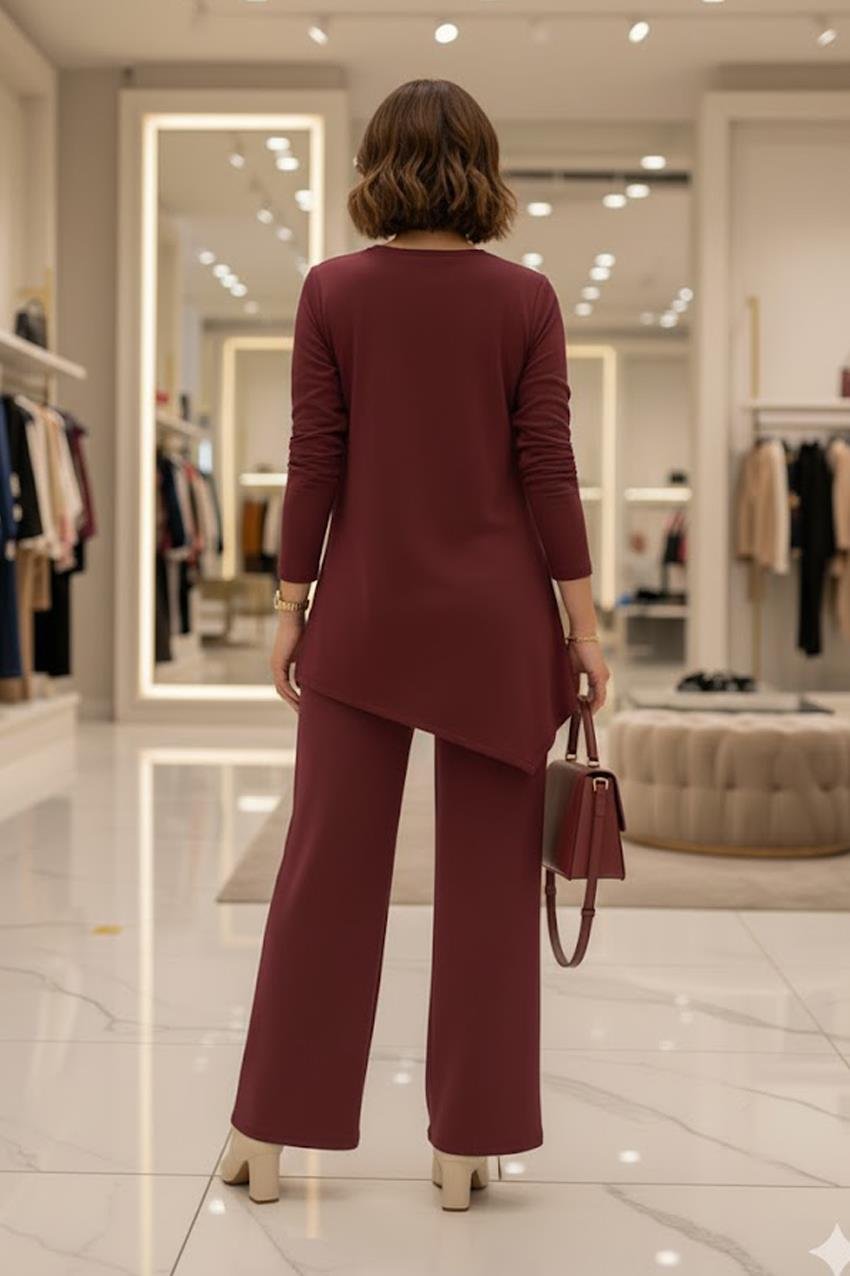 Bordo Asimetrik Kesim Modal Kumaş Takım