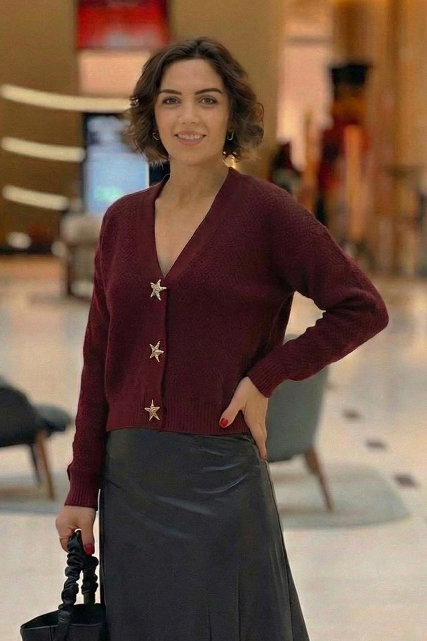 Bordo Deniz Yıldızı Düğmeli Triko Hırka