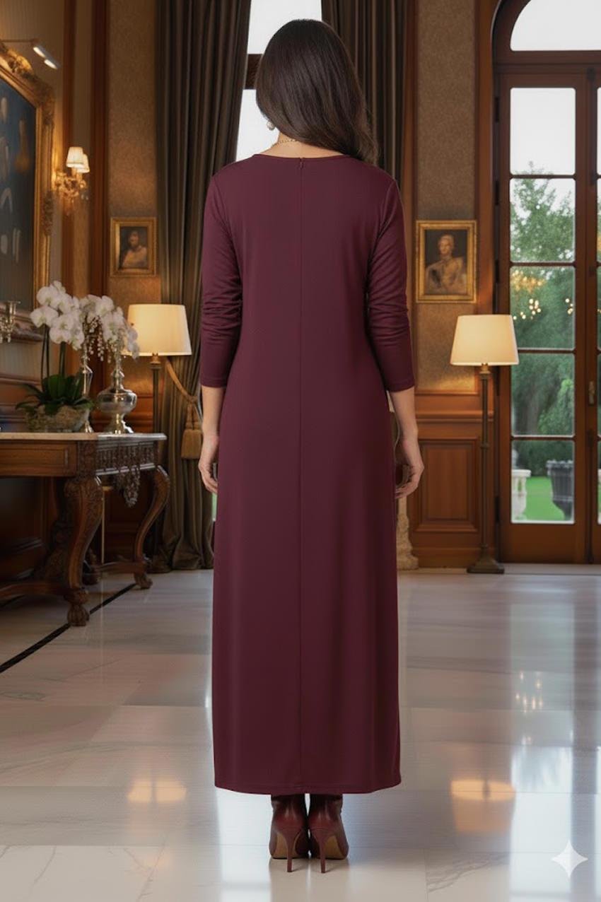 Bordo Gizli Cepli İnce Gösteren Tok Penye Elbise
