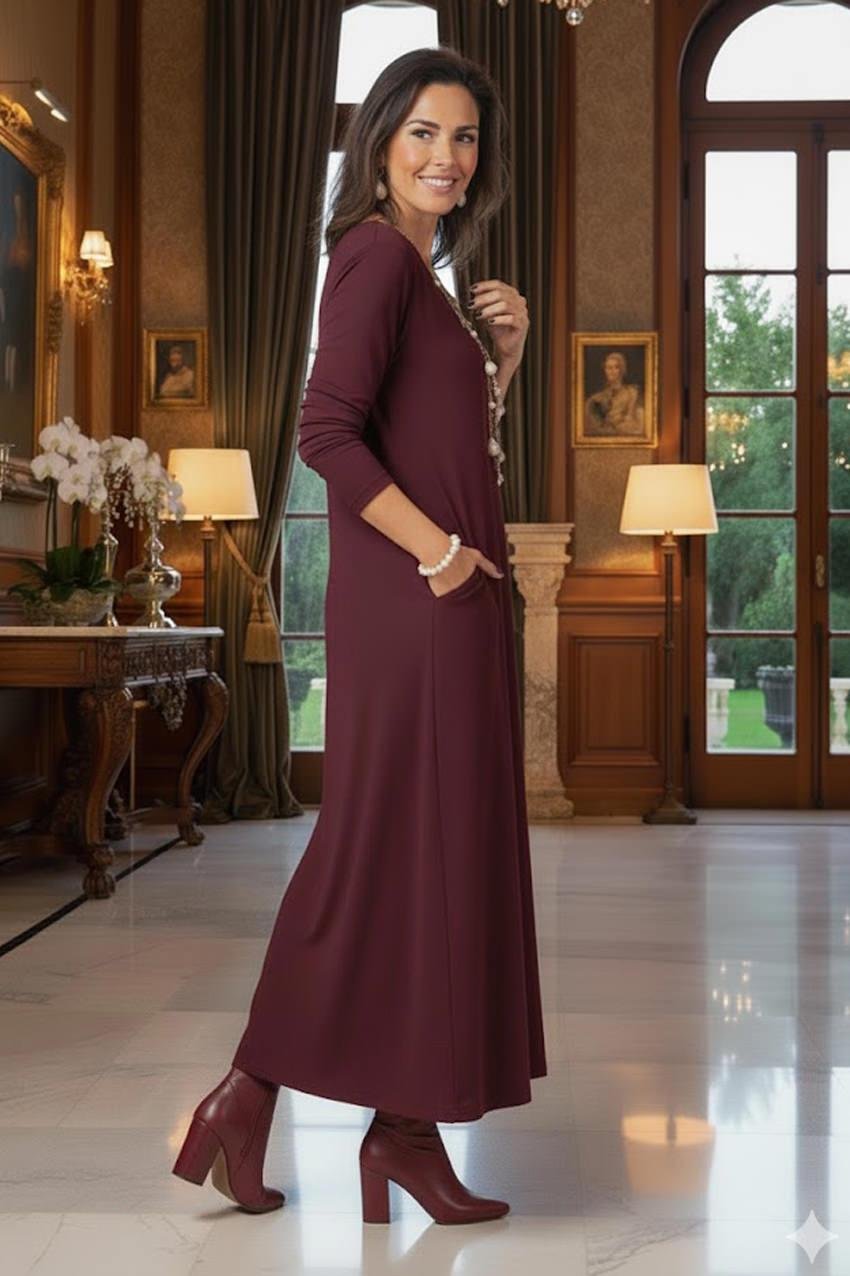 Bordo Gizli Cepli İnce Gösteren Tok Penye Elbise