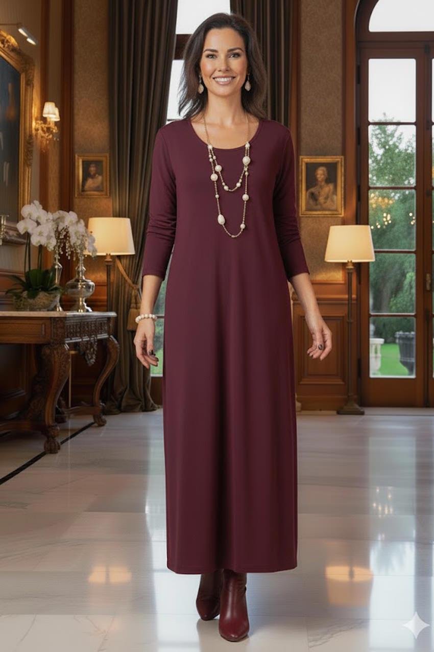 Bordo Gizli Cepli İnce Gösteren Tok Penye Elbise