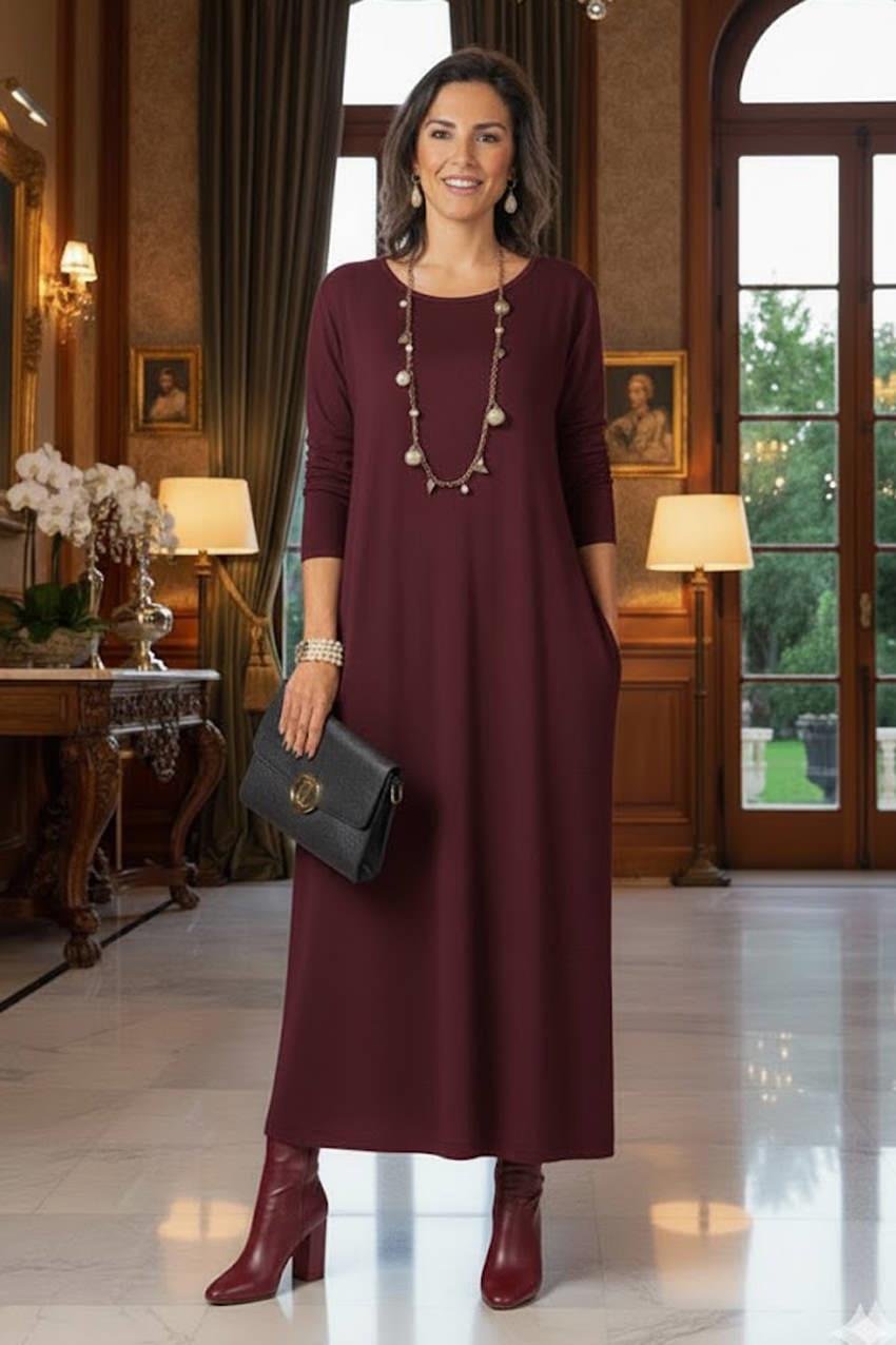 Bordo Gizli Cepli İnce Gösteren Tok Penye Elbise