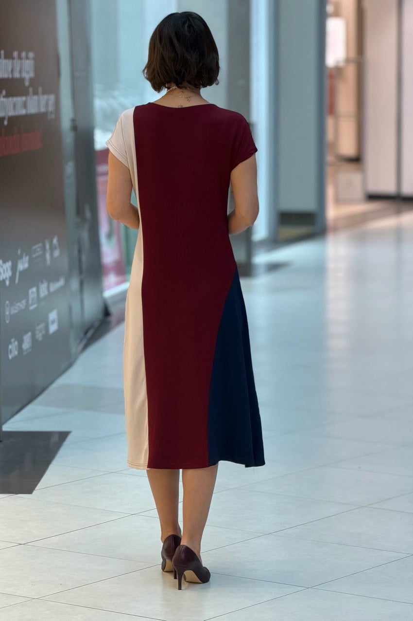 Bordo Lacivert Krem 3 Renk Pamuklu Modal Kumaş Elbise