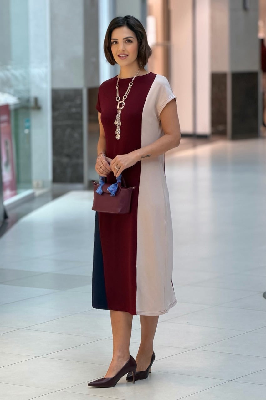 Bordo Lacivert Krem 3 Renk Pamuklu Modal Kumaş Elbise