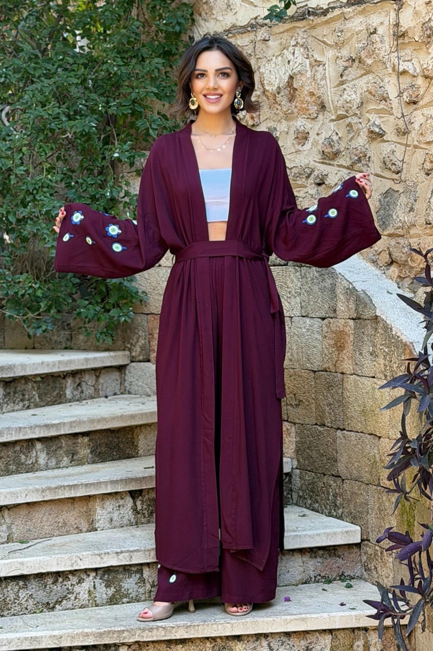 Bordo Mavi Boncuk Pantolon Kimono İkili Takım
