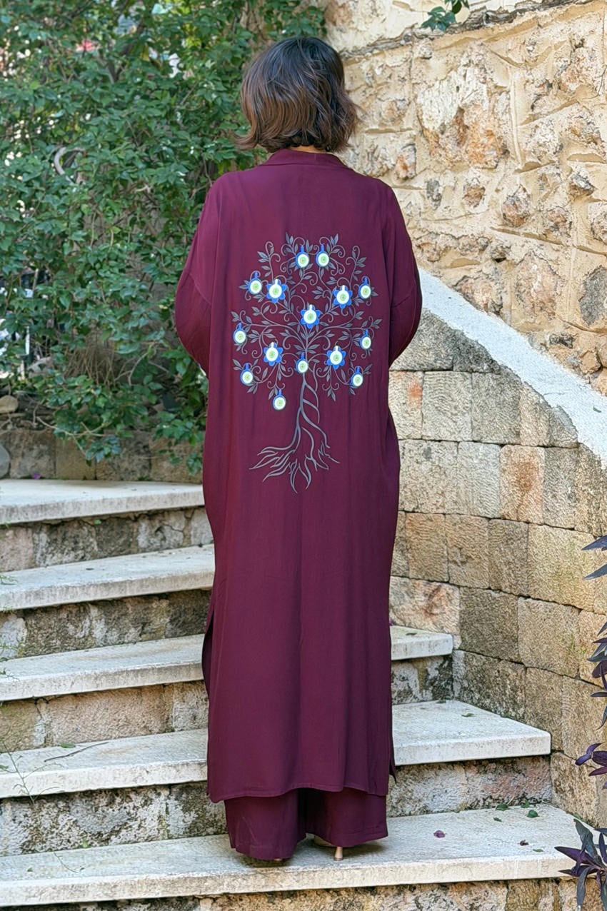 Bordo Mavi Boncuk Pantolon Kimono İkili Takım