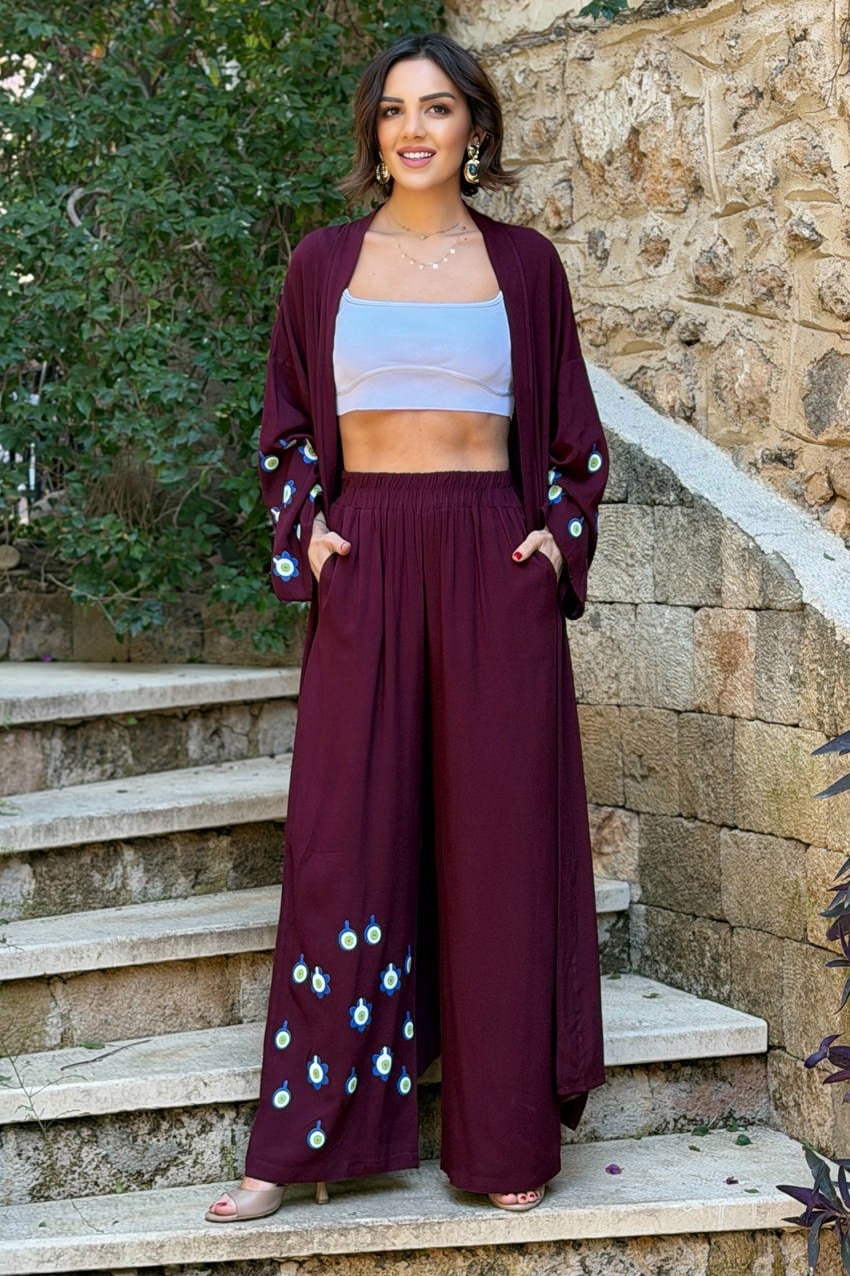 Bordo Mavi Boncuk Pantolon Kimono İkili Takım