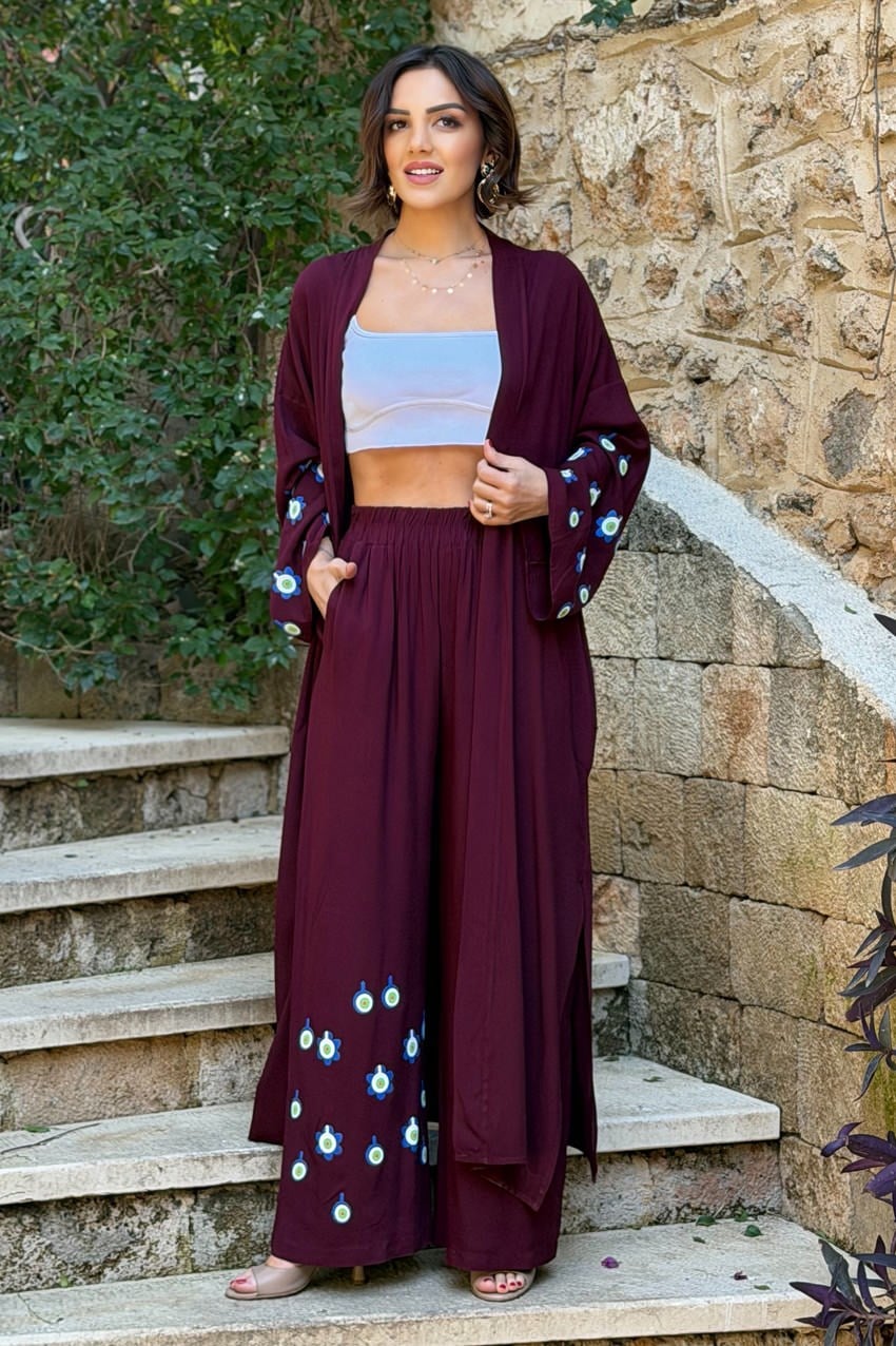 Bordo Mavi Boncuk Pantolon Kimono İkili Takım
