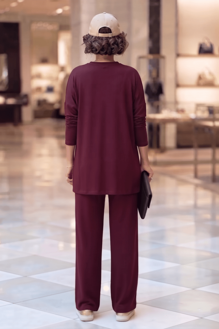 Bordo Modal Kumaş Çımalı Pantolon Bluz Takım