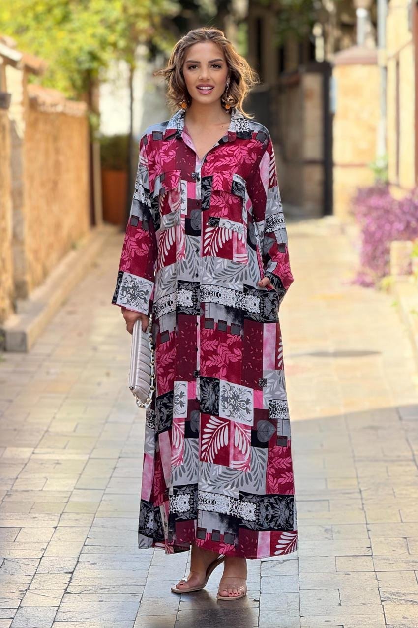 Bordo Renk Dama Desenli %100 Pamuk Viskon Gömlek Elbise