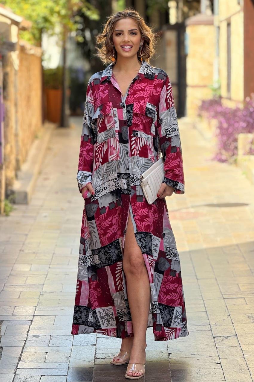 Bordo Renk Dama Desenli %100 Pamuk Viskon Gömlek Elbise