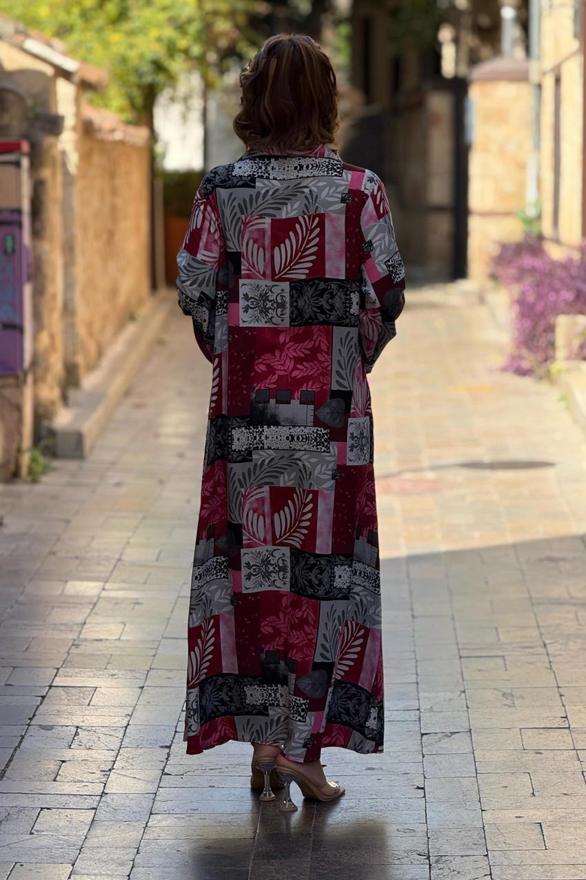 Bordo Renk Dama Desenli %100 Pamuk Viskon Gömlek Elbise