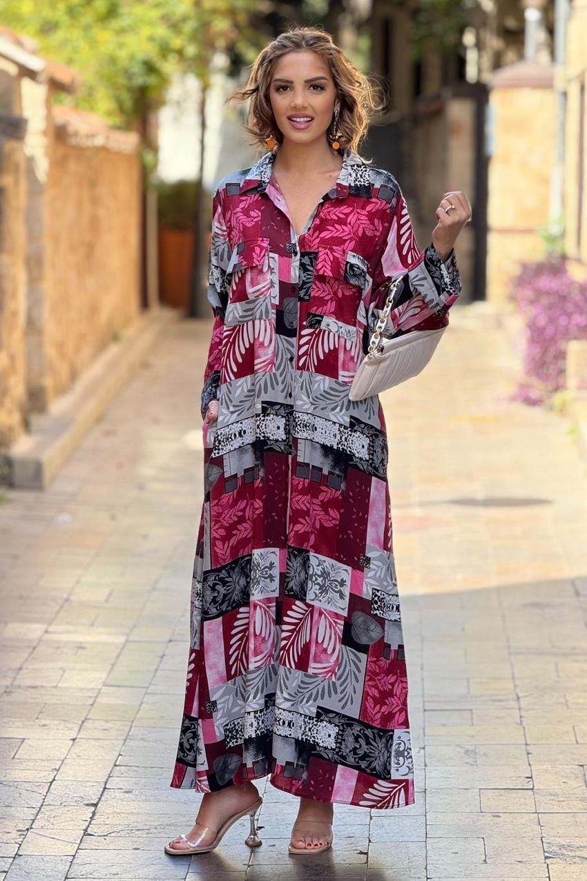 Bordo Renk Dama Desenli %100 Pamuk Viskon Gömlek Elbise