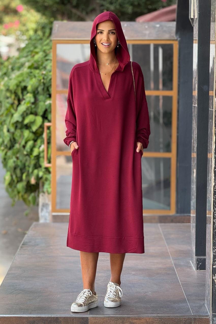 Bordo Renk Sweat Elbise - Modal Kumaş