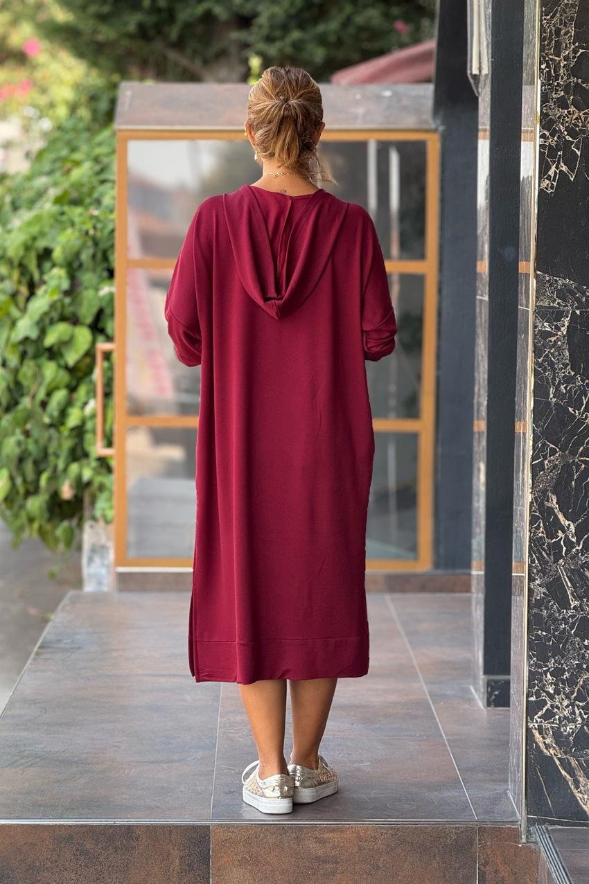 Bordo Renk Sweat Elbise - Modal Kumaş