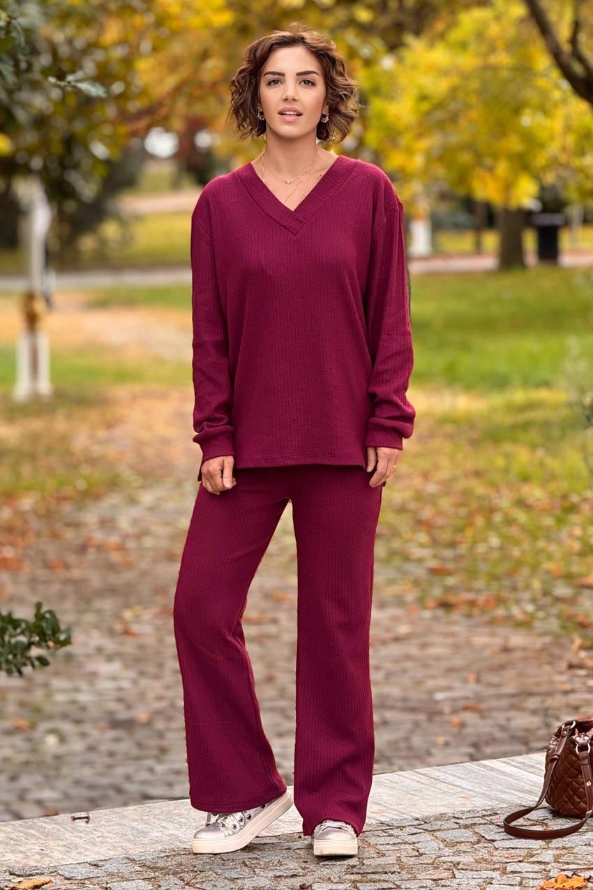 Bordo Renk Yumuşacık Pamuklu Pantolon Bluz Takım