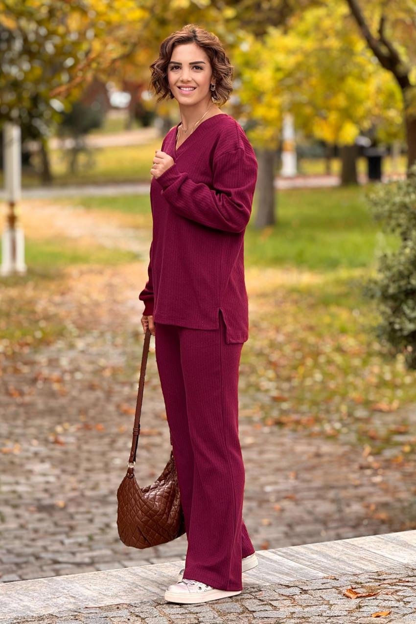 Bordo Renk Yumuşacık Pamuklu Pantolon Bluz Takım