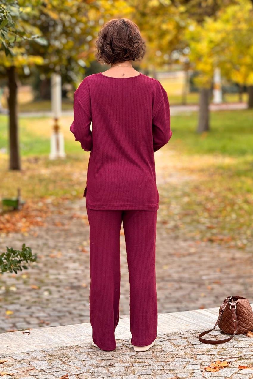 Bordo Renk Yumuşacık Pamuklu Pantolon Bluz Takım