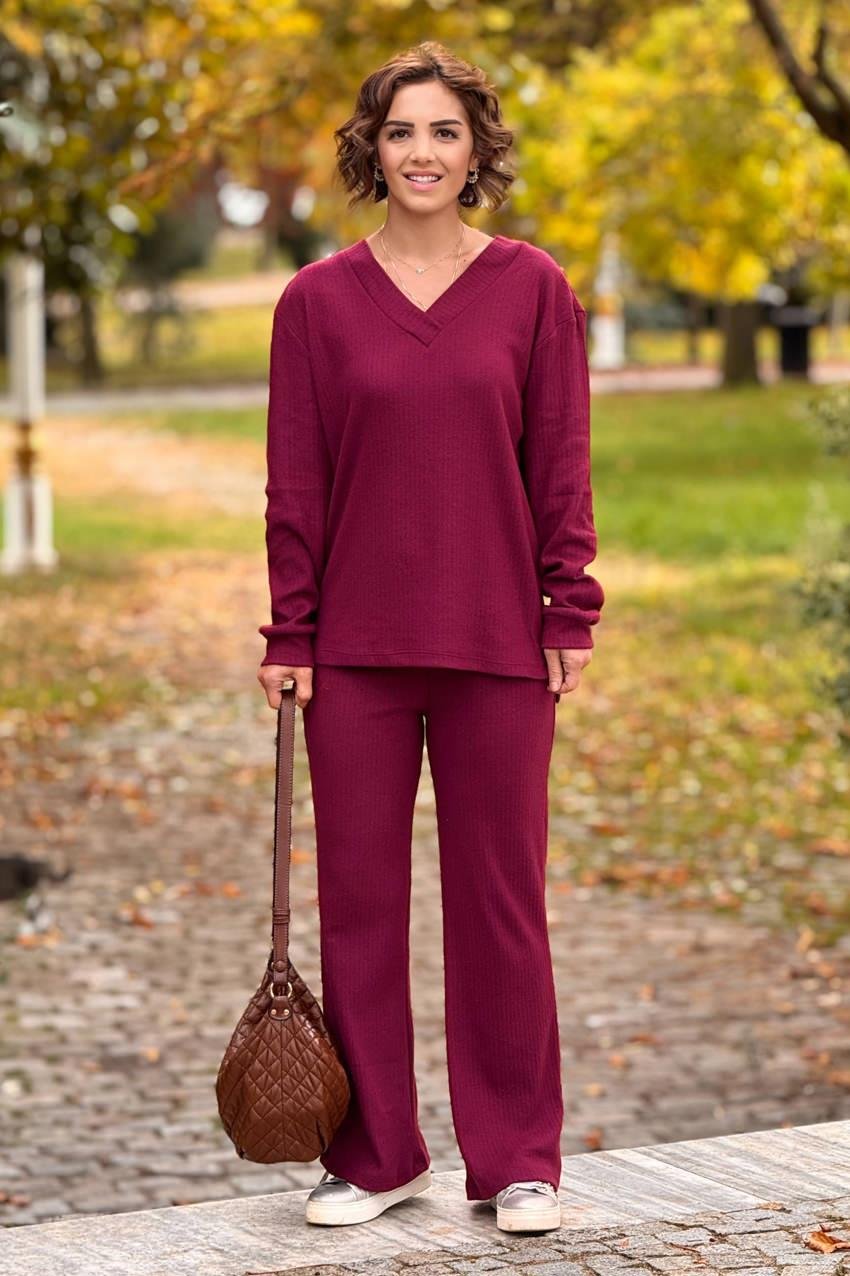 Bordo Renk Yumuşacık Pamuklu Pantolon Bluz Takım