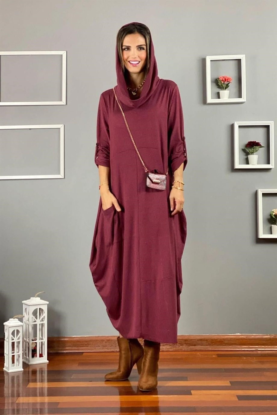 Bordo Sihirli Yaka Pamuklu Elbise